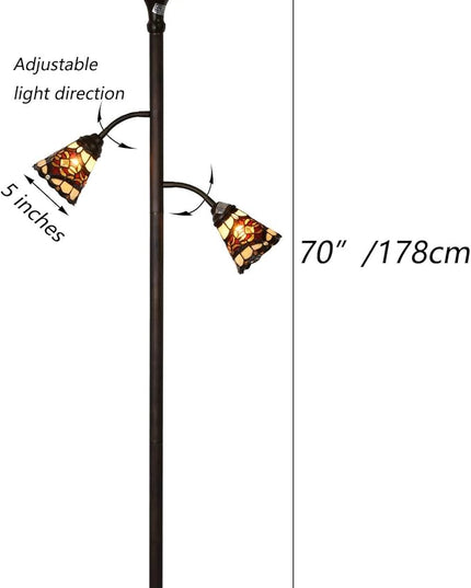 Bieye L10868 Tiffany Style Stained Glass 3-Light Torchiere Floor Lamp with Sidelights for Reading, 70-inches Tall (Baroque, Red) - LeafyLoom