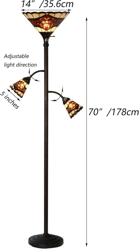 Bieye L10868 Tiffany Style Stained Glass 3-Light Torchiere Floor Lamp with Sidelights for Reading, 70-inches Tall (Baroque, Red) - LeafyLoom