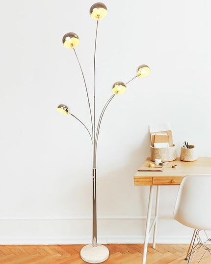 DLLT 5-Light Arc Floor Lamp, 86.6" Chrome Floor Lamps for Living Room, Multi-Head LED Standing Tall Lamp with Adjustable Arms, Modern Tree Floor Lamp for Bedroom, Study, Office, E12 Bulbs Included - LeafyLoom