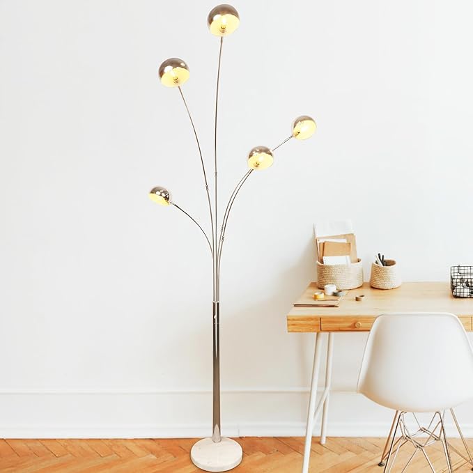 DLLT 5-Light Arc Floor Lamp, 86.6" Chrome Floor Lamps for Living Room, Multi-Head LED Standing Tall Lamp with Adjustable Arms, Modern Tree Floor Lamp for Bedroom, Study, Office, E12 Bulbs Included - LeafyLoom