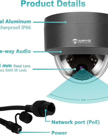 Anpviz 5MP PoE Camera, Outdoor Vandal Dome Security PoE IP Camera with Audio, 98ft Night Vision, H.265, 24/7 Recording Waterproof IP66 Indoor, Wide Angle 2.8mm (Grey), NDAA Compliant (U Series) AnpvizSecurity