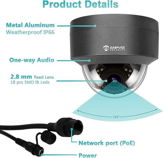 Anpviz 5MP PoE Camera, Outdoor Vandal Dome Security PoE IP Camera with Audio, 98ft Night Vision, H.265, 24/7 Recording Waterproof IP66 Indoor, Wide Angle 2.8mm (Grey), NDAA Compliant (U Series) AnpvizSecurity