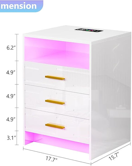 HNEBC RGB LED Nightstand with Wireless Charging Station, Smart Night Stand with Motion Sensor Lights, High Gloss White Nightstand with 3 Drawers for Bedroom, Modern Bedside Tables (A White) - LeafyLoom