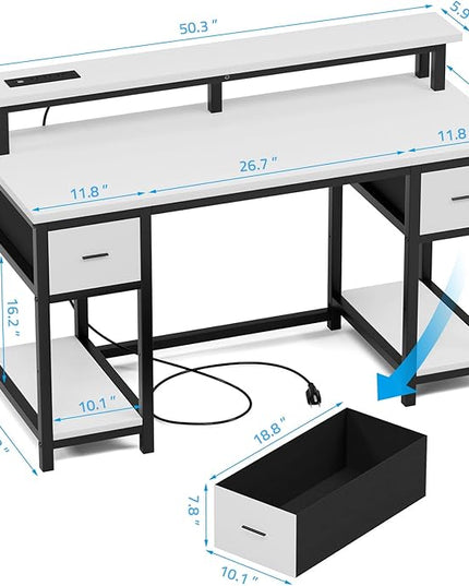 GreenForest Computer Desk with 2 Drawers and Power Outlets,50 Inch Office Desk with 2 Monitor Stands and Fabric File Cabinet, Reversible Gaming table with Led Lights and Shelves, Work Desk, White - LeafyLoom