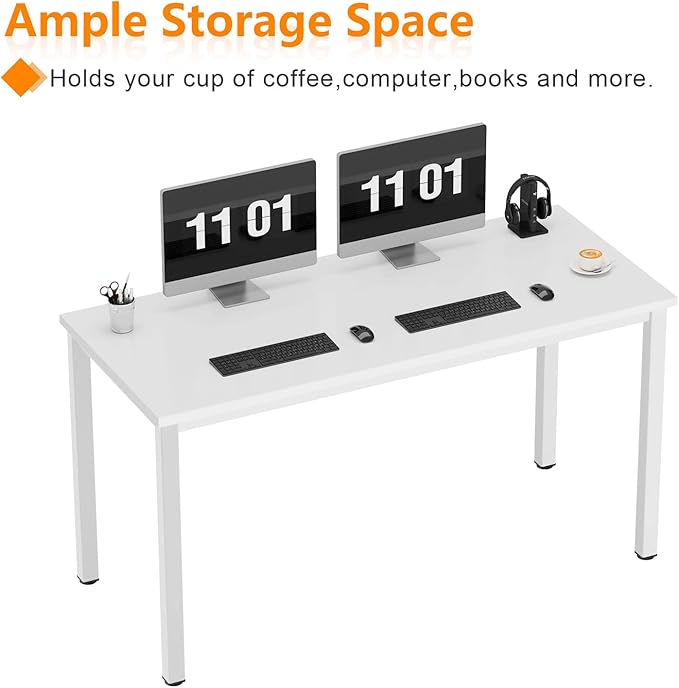 Need 55 Inch Large Computer Desk - Modern Simple Style Home Office Gaming Desk, Basic Writing Table for Study Student, White Metal Frame, White - LeafyLoom