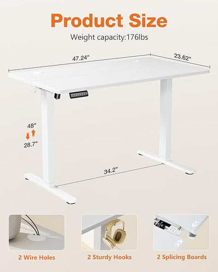 Sweetcrispy Standing Desk Adjustable Height, 48inch Electric Sit Stand up Desk for Home Office, Modern Rising Work Table for Computer Laptop, Lift Gaming Desk Sturdy Ergonomic Workstation, White - LeafyLoom