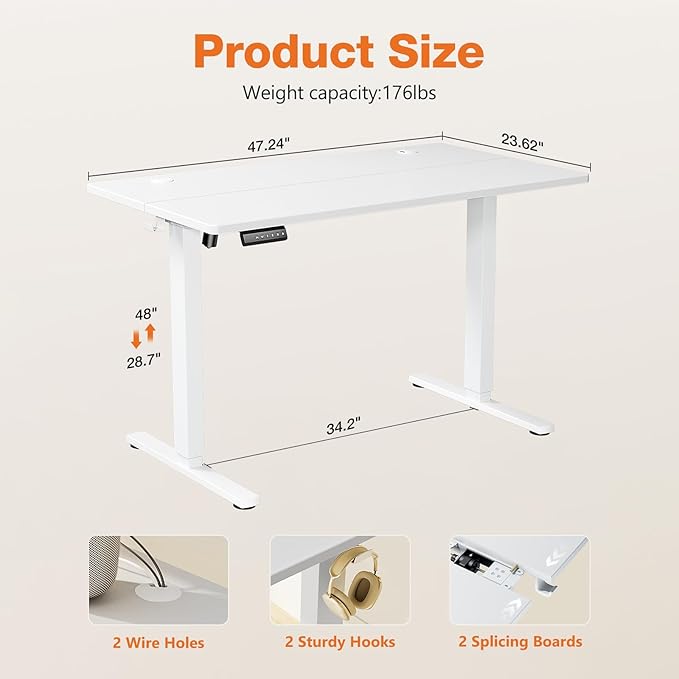 Sweetcrispy Standing Desk Adjustable Height, 48inch Electric Sit Stand up Desk for Home Office, Modern Rising Work Table for Computer Laptop, Lift Gaming Desk Sturdy Ergonomic Workstation, White - LeafyLoom