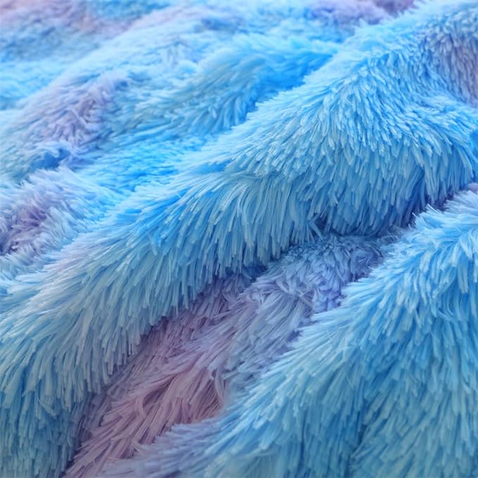 Faux Fur Kids Girls Blue Rainbow Comforter Sets Queen - 3PC Bed Set Warm Comfortable Soft Plush Flannel Velvet Fluffy Fuzzy Bedding（Comforter x 1 Pillowcases x 2） - LeafyLoom