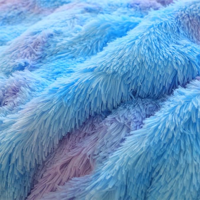 Faux Fur Kids Girls Blue Rainbow Comforter Sets King - 3PC Bed Set Warm Comfortable Soft Plush Flannel Velvet Fluffy Fuzzy Bedding（Comforter x 1 Pillowcases x 2） - LeafyLoom