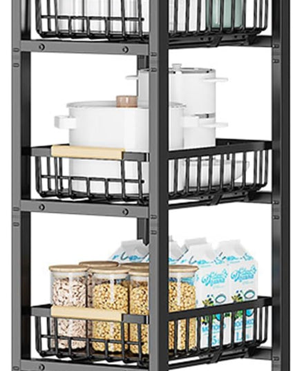 Kitchen Storage Cart Slim Rolling Cart On Wheels,5-Tier Skinny Kitchen Island Utility Organizer Storage Cart with Pull-Out Baskets and Wood Top,Mesh Fruit Basket Cart with Handle - LeafyLoom