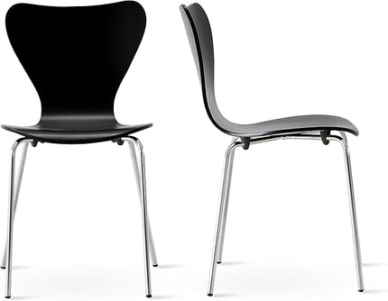 Livinia No.7 Mid-century Modern Wooden Dining Chairs Set of 2, Contemporary Stackable Bentwood Kitchen Interior Armless Chairs with Steel Legs (Black) - LeafyLoom