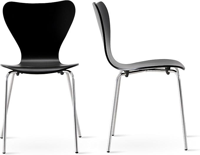 Livinia No.7 Mid-century Modern Wooden Dining Chairs Set of 2, Contemporary Stackable Bentwood Kitchen Interior Armless Chairs with Steel Legs (Black) - LeafyLoom