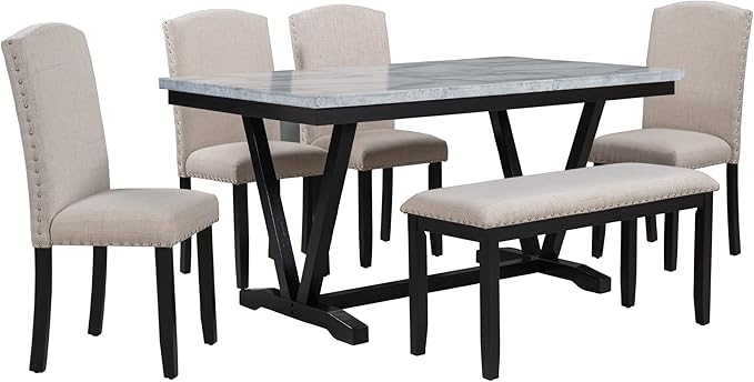 Modern Style 6 Piece 4 Chairs & 1 Bench, Marbled Veneers Tabletop and V-Shaped Table Legs, for Dining, Living Room, and Kitchen, White - LeafyLoom