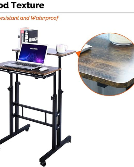 AIZ Double Adjustable Computer Desk Home Office Workstation with Rolling Wheels, Portable Laptop Table for Standing or Sitting, Adults or Children,Brown, Black & Yellow - LeafyLoom