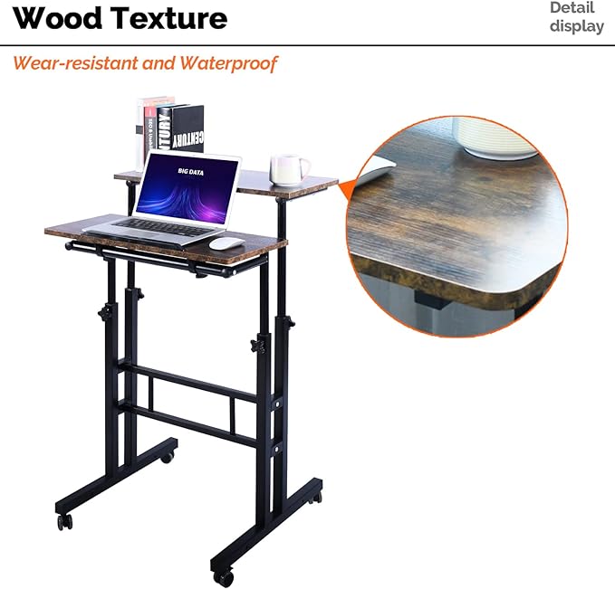 AIZ Double Adjustable Computer Desk Home Office Workstation with Rolling Wheels, Portable Laptop Table for Standing or Sitting, Adults or Children,Brown, Black & Yellow - LeafyLoom