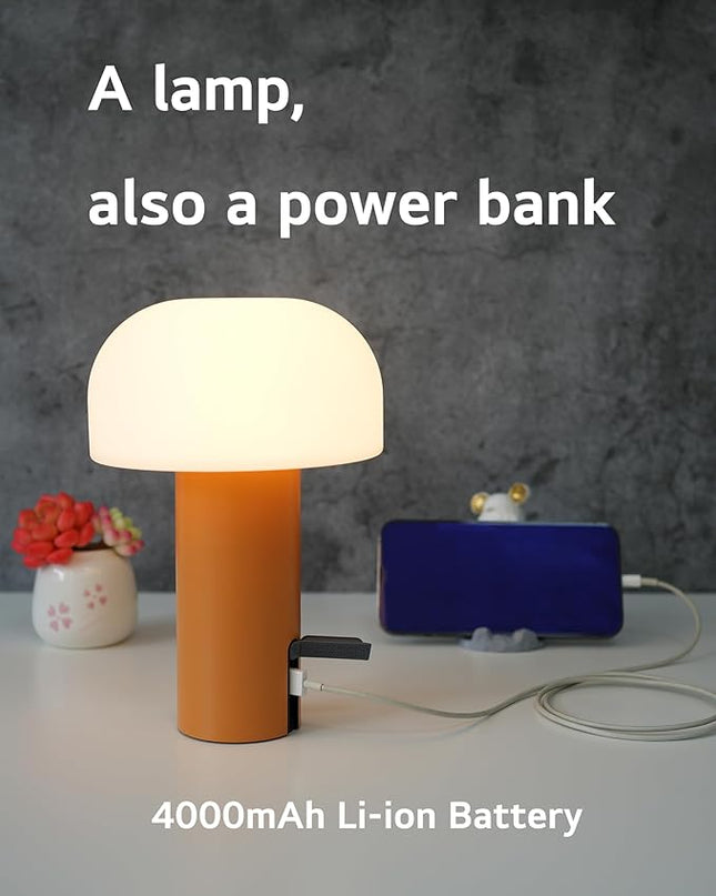 Outdoor Mushroom Table Lamp Rechargeable, Cordless Lamps for Patio Waterproof, Portable Battery Operated Lamp with USB Charging, Touch Dimming Night Light for Home/Porch/Restaurant (Orange) - LeafyLoom