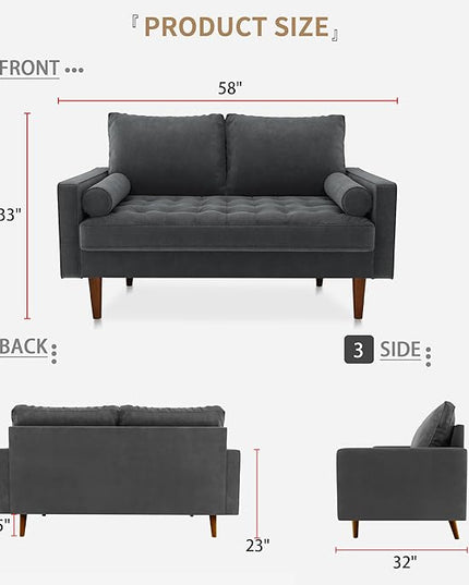 Velvet Furniture for Small Spaces, Mid-Century Modern Loveseats for Living Room, Love Seat Couch Sofas, 58 Inches, Grey - LeafyLoom