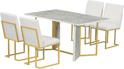 7-Piece Modern Dining Table Set, Artificial Marble Sticker Tabletop and 6 Upholstered Linen Chairs All with Golden Steel Legs for Dinette Room and Kitchen (White+Gold), 60" L x 36" W x 30" H - LeafyLoom