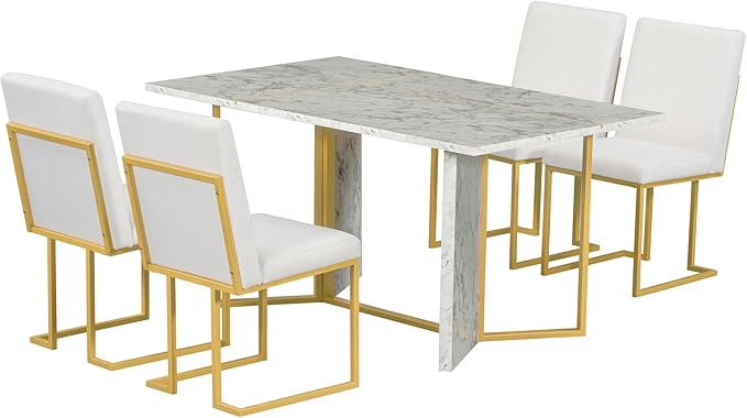7-Piece Modern Dining Table Set, Artificial Marble Sticker Tabletop and 6 Upholstered Linen Chairs All with Golden Steel Legs for Dinette Room and Kitchen (White+Gold), 60" L x 36" W x 30" H - LeafyLoom