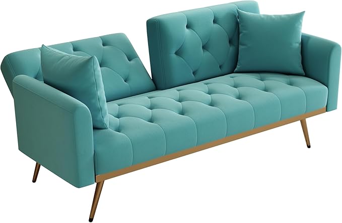 Velvet Upholstered Modern Convertible Futon Couch Bed, Adjustable Folding Sofa Bed Recliner Lounge Loveseat Daybed Sofacama with Adjustable Backrest and Golden Legs for Small RV Living Room Office - LeafyLoom