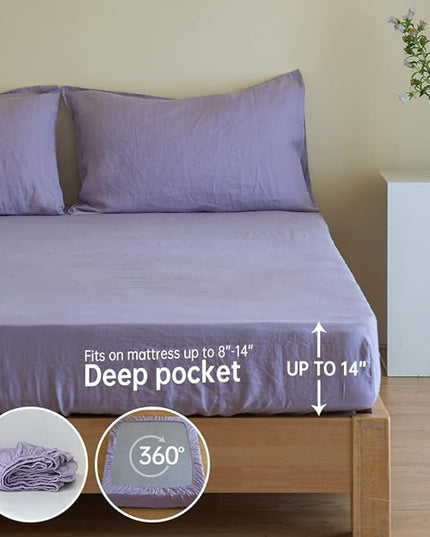 Simple&Opulence 100% Linen Sheet Set Solid Color-4 Pcs Washed French Linen Bed Sheets-Breathable Bedding Set-1 Flat Sheet,1 Fitted Sheet,2 Pillowcases (Queen,Lilac) - LeafyLoom