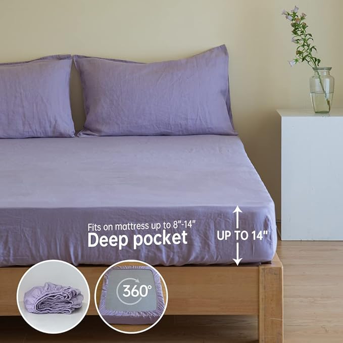 Simple&Opulence 100% Linen Sheet Set Solid Color-4 Pcs Washed French Linen Bed Sheets(1 Flat Sheet,1 Fitted Sheet,2 Pillowcases)-Breathable Bedding Set(California King, Lilac) - LeafyLoom