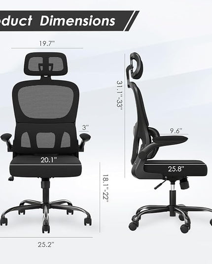 Soohow Ergonomic Home Office Chair, Mesh Desk Chair with Lumbar Support, Comfy Computer Desk Chair with Flip Armrest Rolling Wheels, Adjustable Headrest, Black. - LeafyLoom