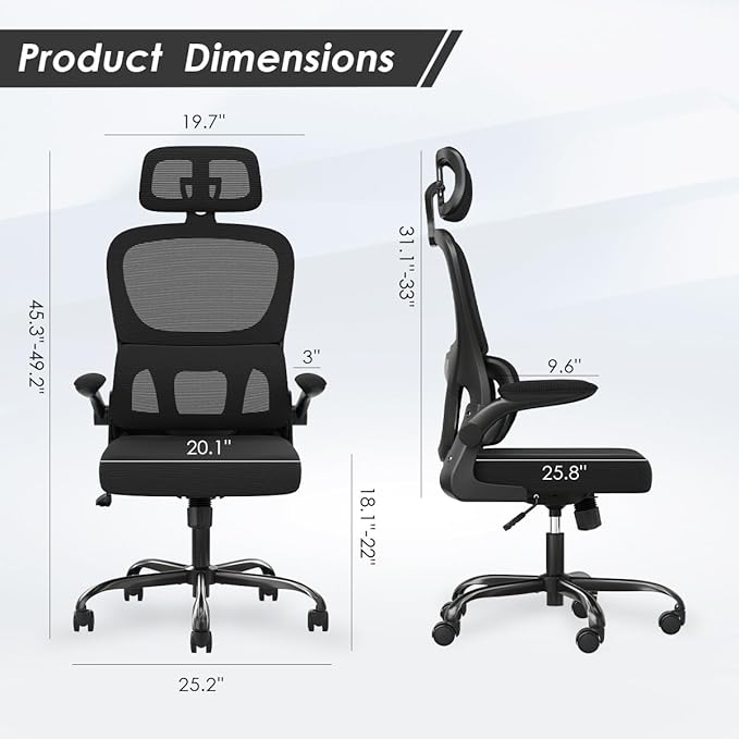Soohow Ergonomic Home Office Chair, Mesh Desk Chair with Lumbar Support, Comfy Computer Desk Chair with Flip Armrest Rolling Wheels, Adjustable Headrest, Black. - LeafyLoom