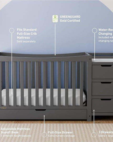 Graco Remi 4-in-1 Convertible Crib & Changer with Drawer (Gray) – GREENGUARD Gold Certified, Crib and Changing -Table Combo, Includes Changing Pad, Converts to Toddler Bed, Daybed and Full-Size Bed - LeafyLoom