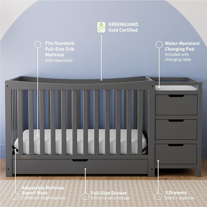 Graco Remi 4-in-1 Convertible Crib & Changer with Drawer (Gray) – GREENGUARD Gold Certified, Crib and Changing -Table Combo, Includes Changing Pad, Converts to Toddler Bed, Daybed and Full-Size Bed - LeafyLoom