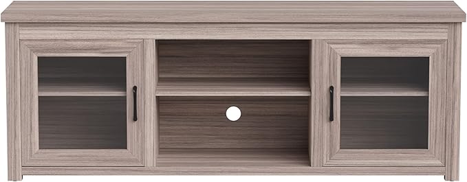 Flash Furniture Sheffield TV Stand for up to 80" TVs - Modern Gray Wash Finish & Full Glass Doors - 65" Engineered Wood Frame - 3 Height Adjustable Shelves - LeafyLoom