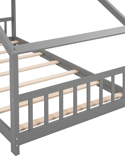 Kids Montessori Floor Bed Twin Size, Twin Floor Bed Frame with Headboard, Footboard and Slats, Wood Montessori Bed Twin Size/House Floor Bed for Kids, Girls, Boys, Gray Floor Bed - LeafyLoom