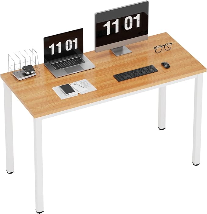 Need Computer Desk, 47 inch Home Office Desk, Modern Simple Style Home Office Gaming Desk, Basic Writing Table for Study Student, White Metal Frame, Teak - LeafyLoom