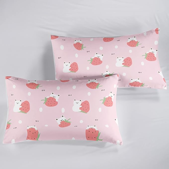 Cartoon Bear Comforter Twin Size,Pink Strawberry Comforter Set for Kids Teens Girls,3Pcs Bedding Set Printed Comforter with 2 Pillowcases,Down Alternative,Soft and Lightweight，Twin Size - LeafyLoom