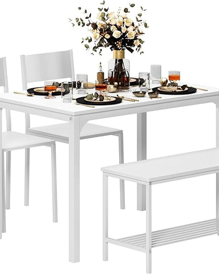 sogesfurniture Modern 4-Piece Kitchen Dining Table Set with 1 Bench and 2 Chairs, Kitchen Bench Table Set for 4, Wooden Kitchen Table and Chairs for Limited Space,White - LeafyLoom