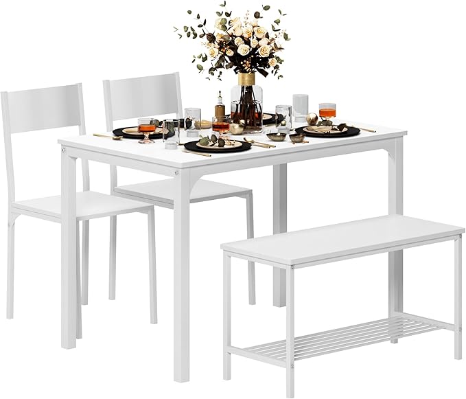 sogesfurniture Modern 4-Piece Kitchen Dining Table Set with 1 Bench and 2 Chairs, Kitchen Bench Table Set for 4, Wooden Kitchen Table and Chairs for Limited Space,White - LeafyLoom