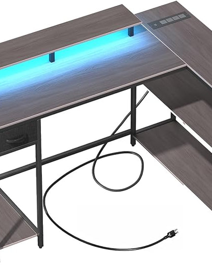 47 Inch L Shaped Gaming Desk with Drawers & Shelves, Reversible Computer Corner Desk with Power Outlet and LED Light for Home Office Bedroom, L-Shaped Teen PC Gaming Desks with Hook & Monitor Stand - LeafyLoom