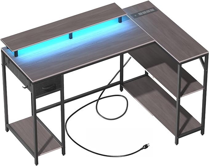 47 Inch L Shaped Gaming Desk with Drawers & Shelves, Reversible Computer Corner Desk with Power Outlet and LED Light for Home Office Bedroom, L-Shaped Teen PC Gaming Desks with Hook & Monitor Stand - LeafyLoom