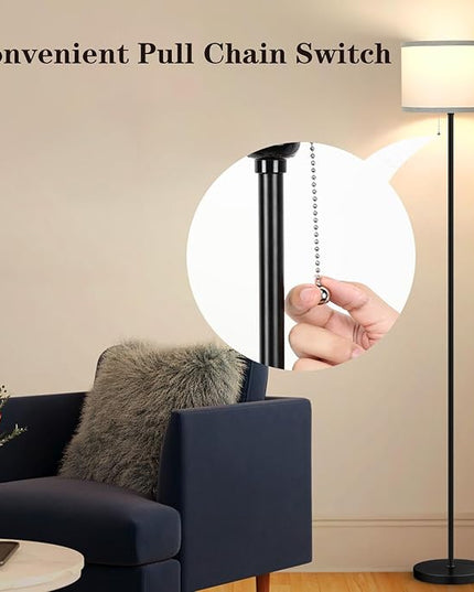 Floor Lamp for Living Room, 3 Color Temperature LED Floor Lamp, Modern Simple Standing Lamp for Bedroom, Pull Chain Tall Lamp with White Lampshade, Minimalist Pole Lamp Stand Up Lamp for Home Office - LeafyLoom