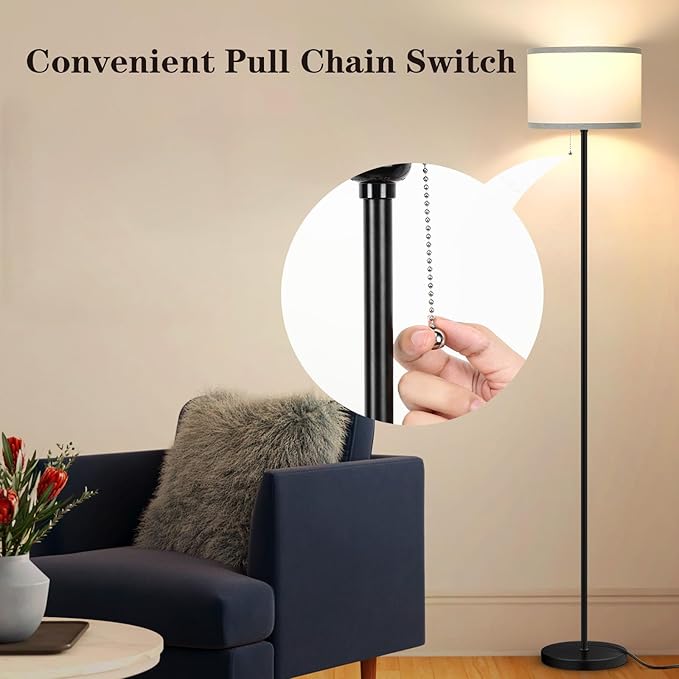 Floor Lamp for Living Room, 3 Color Temperature LED Floor Lamp, Modern Simple Standing Lamp for Bedroom, Pull Chain Tall Lamp with White Lampshade, Minimalist Pole Lamp Stand Up Lamp for Home Office - LeafyLoom