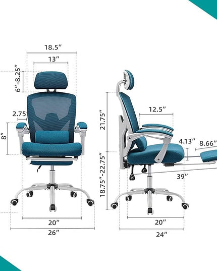 edx Ergonomic Office Chair, Reclining High Back Mesh Chair, Computer Desk Chair, Swivel Rolling Home Task Chair with Lumbar Support Pillow, Adjustable Headrest, Retractable Footrest and Armrests - LeafyLoom