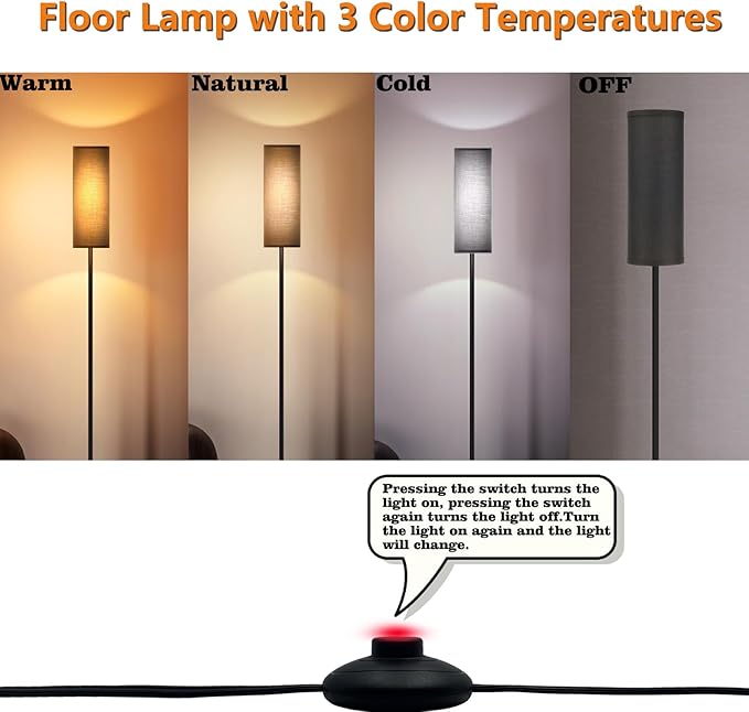 LED Floor Lamp Simple Design, Modern Floor Lamp with Shade, Tall Lamps for Living Room Bedroom Office Dining Room Kitchen, Black Pole Lamp with Foot Switch (with Bulb)(Black Shade) - LeafyLoom