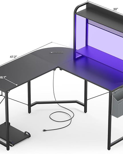 Small L Shaped Gaming Desk with Power Outlets, Corner Gaming Desk with LED Light, Reversible L-Shaped Desk with Monitor Stand & Hutch, L Shaped Desk Home Office Desk with Storage Bag, Black - LeafyLoom