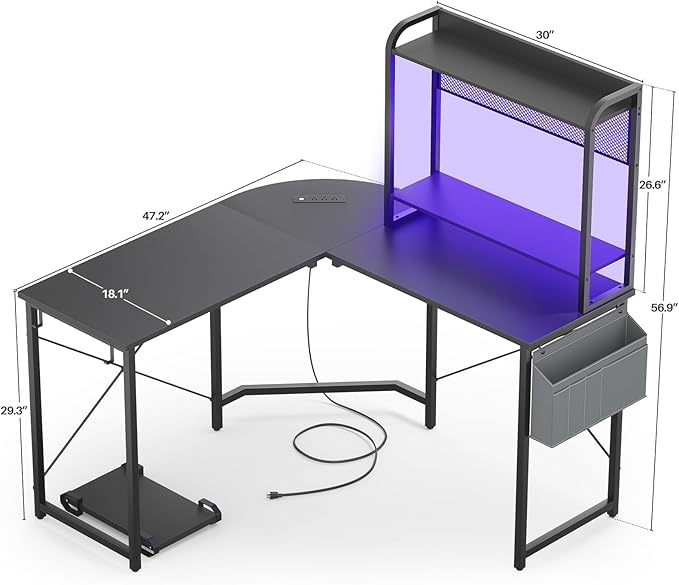 Small L Shaped Gaming Desk with Power Outlets, Corner Gaming Desk with LED Light, Reversible L-Shaped Desk with Monitor Stand & Hutch, L Shaped Desk Home Office Desk with Storage Bag, Black - LeafyLoom