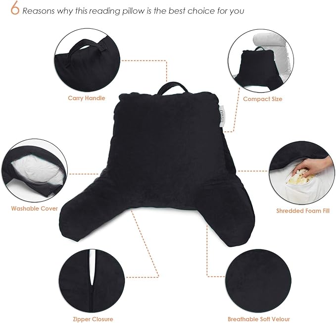 Nestl Reading Pillow with Portable Laptop Lap Desk, Velvet Feel Back Pillow for Sitting in Bed, Shredded Memory Foam Back Support Pillow for Bed, Bed Rest Pillow with Arms, Small - Black - LeafyLoom