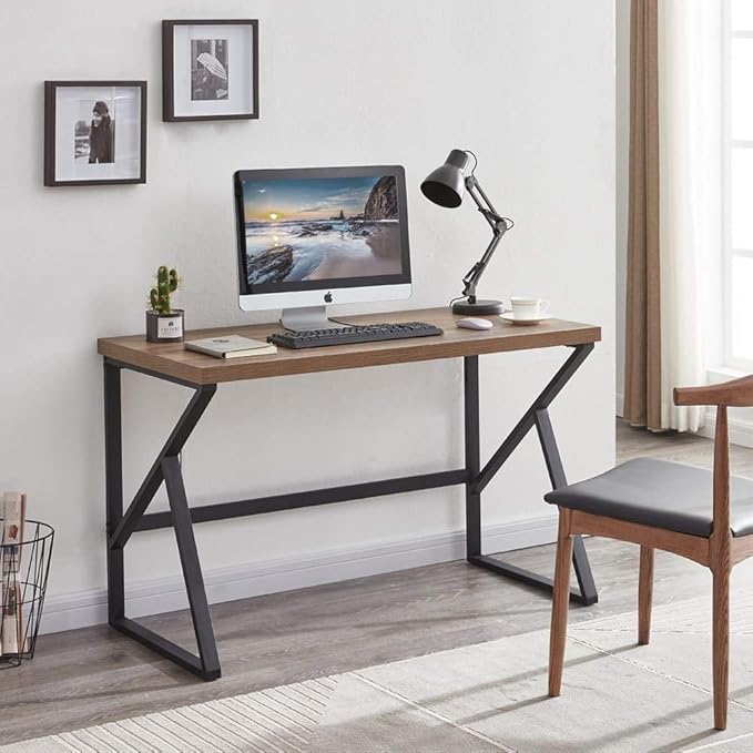 HSH Industrial Home Office Desk Computer Table, Metal and Wood PC Desk, Vintage Sturdy Work Study Writing Desks Computer Desk for Bedroom Livingroom, Rustic Oak 47 inch - LeafyLoom
