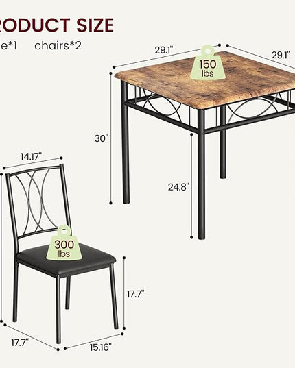 Dining Table Set for 2, 3 Piece Kitchen Table Set with 2 Upholstered Chairs, Square Kitchen Table Set for Small Space, Apartment, Dining Room, Retro Brown - LeafyLoom