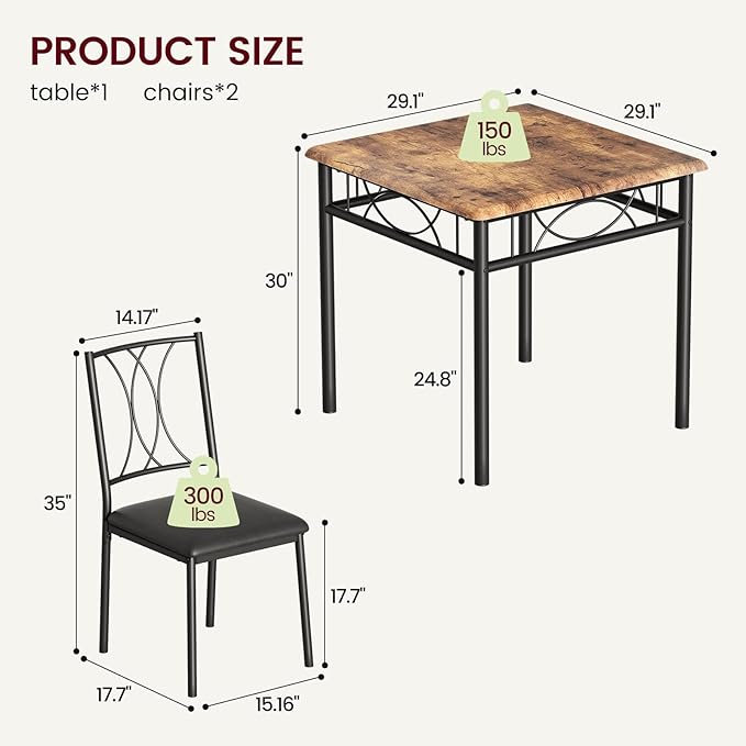Dining Table Set for 2, 3 Piece Kitchen Table Set with 2 Upholstered Chairs, Square Kitchen Table Set for Small Space, Apartment, Dining Room, Retro Brown - LeafyLoom