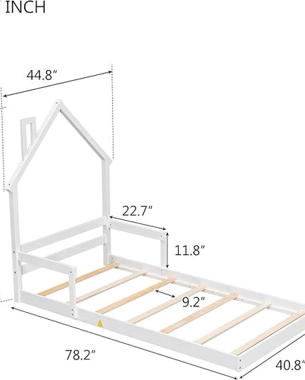 Bellemave Twin Size House-Shaped Headboard Floor Bed for Kids,Montessori Floor Bed with Handrails and Slats,Wood House Bed Twin for Girls,Boys(Twin,White) - LeafyLoom