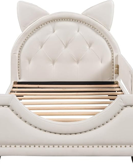 Twin Size Upholstered Daybed, Wooden Low Platform Bed Frame with Carton Ears Shaped Headboard, Rails for Kids Girls Boys, White - LeafyLoom